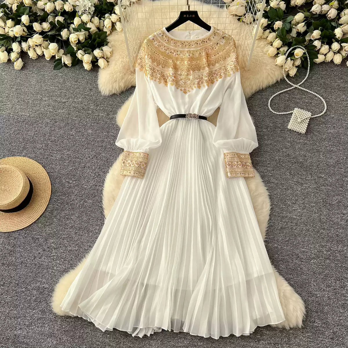 Premium Rhinestone Studded Pleated Dress