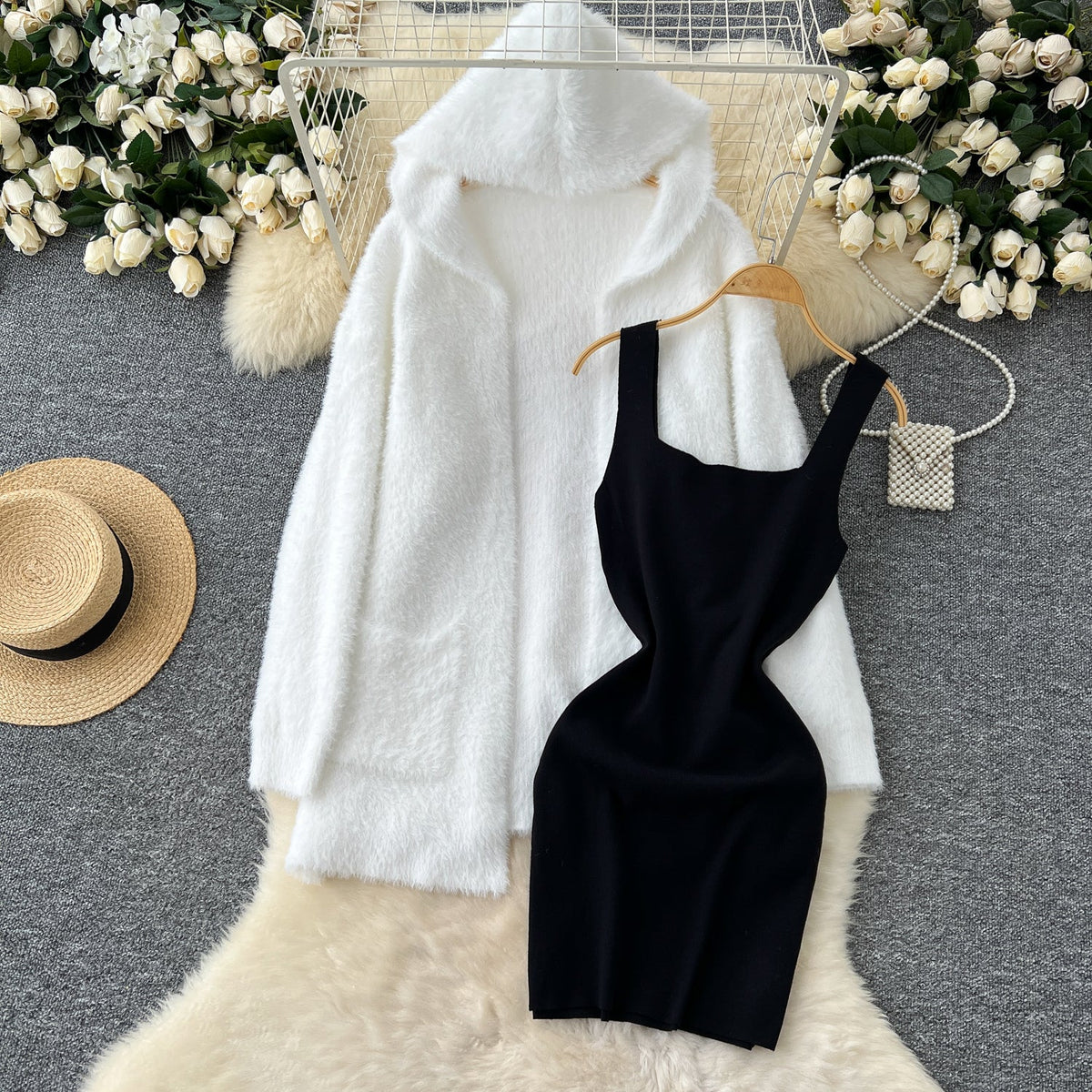 Black Vest Dress&White Cardigan 2Pcs
