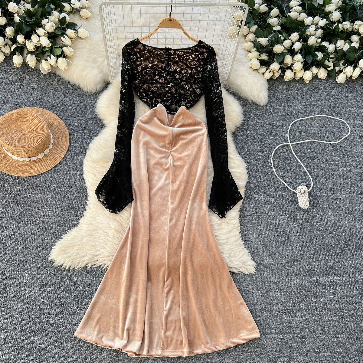 Square Neckline Black Embroidered Lace dress