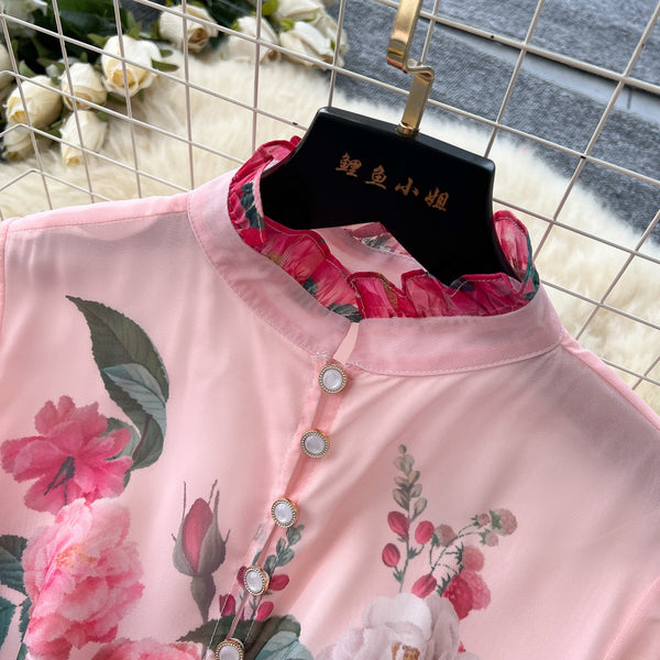 Lace-up Floral Printed Chiffon Dress