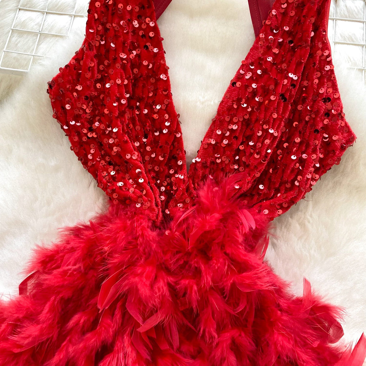 Hollowed Deep V-neck Sequined Dress
