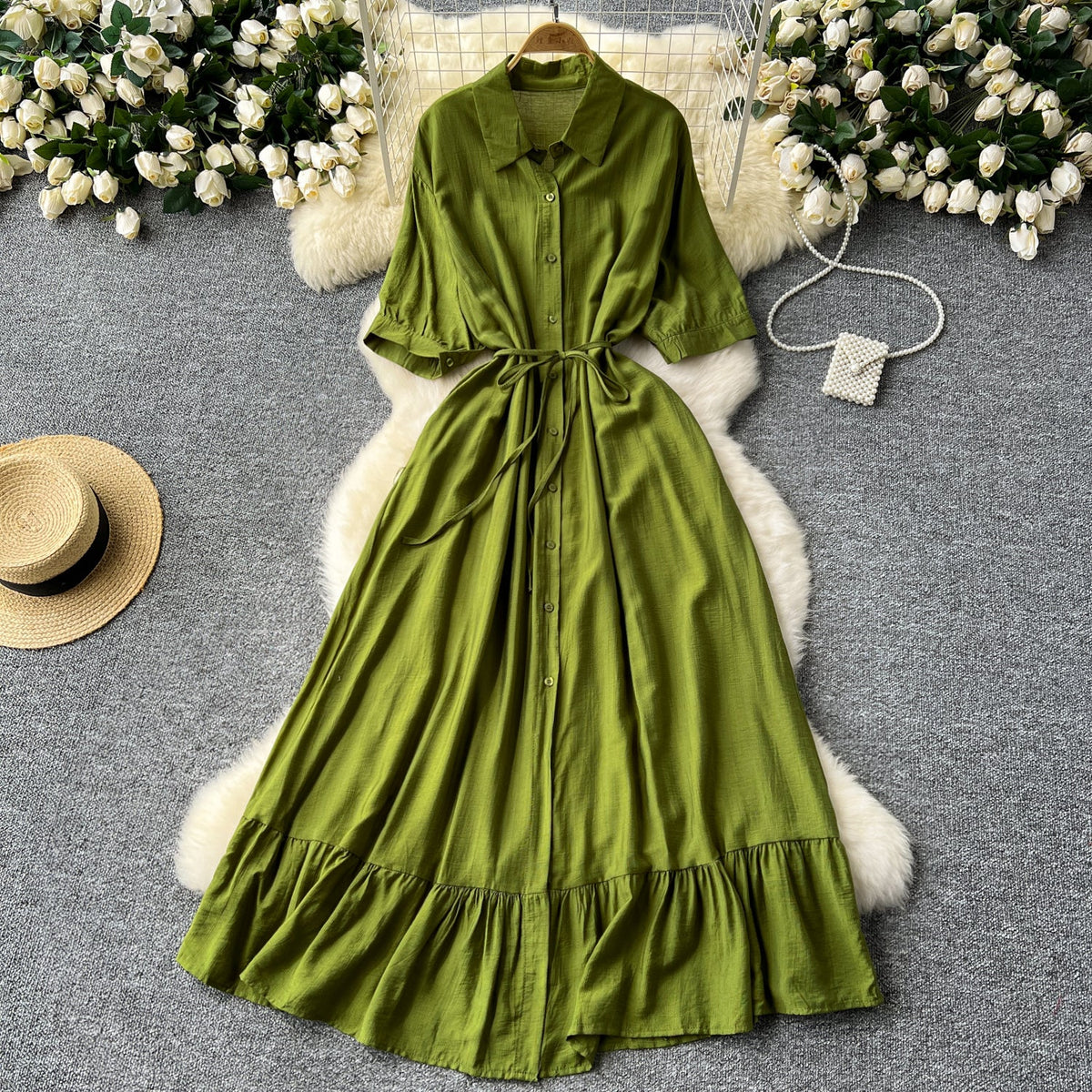 Vintage Solid Color Ruffled Shirt Dress