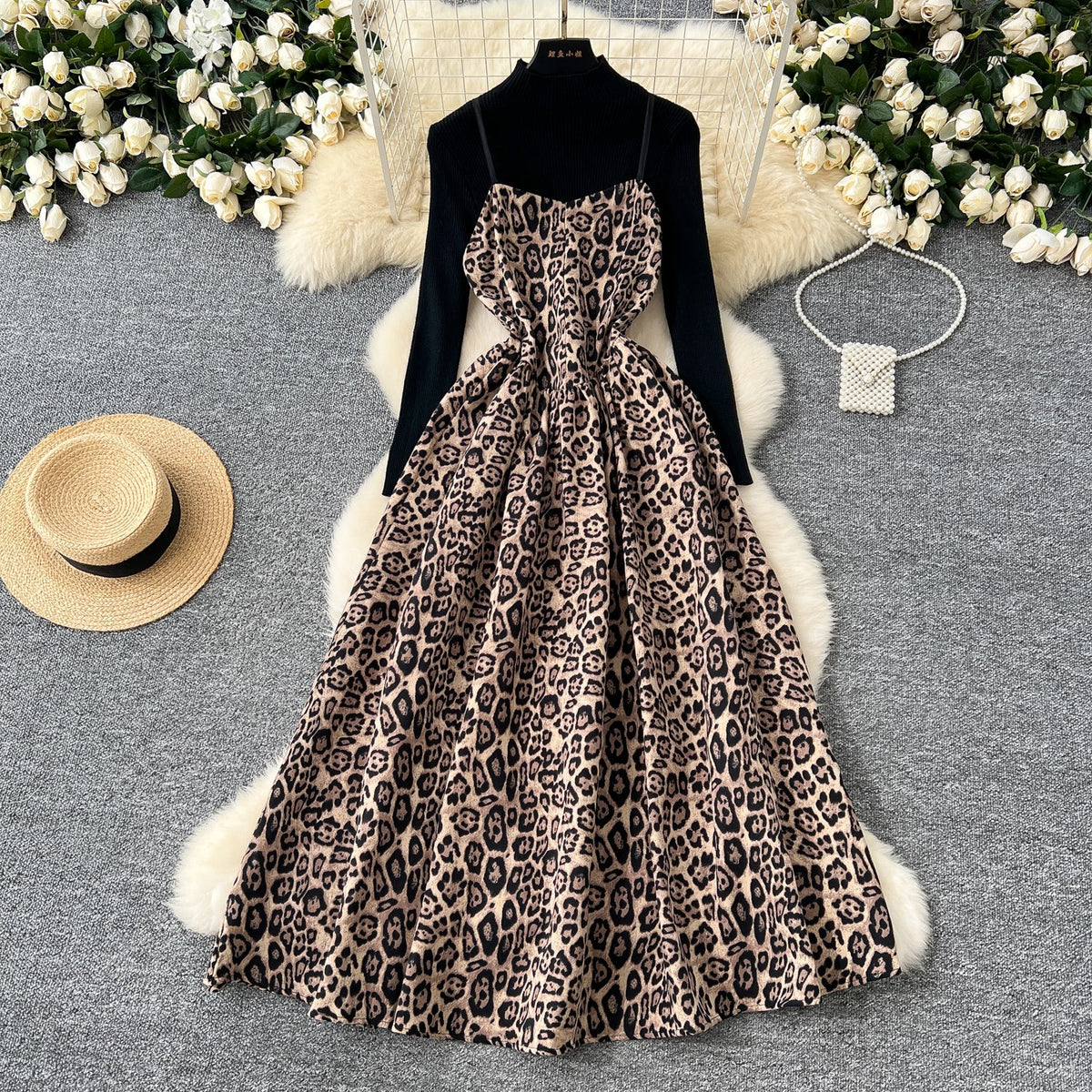 Jacquard Dress&Black Sweater Courtly 2Pcs