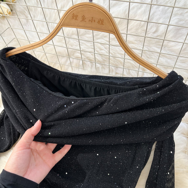 Off-shoulder Sequined Black Dress