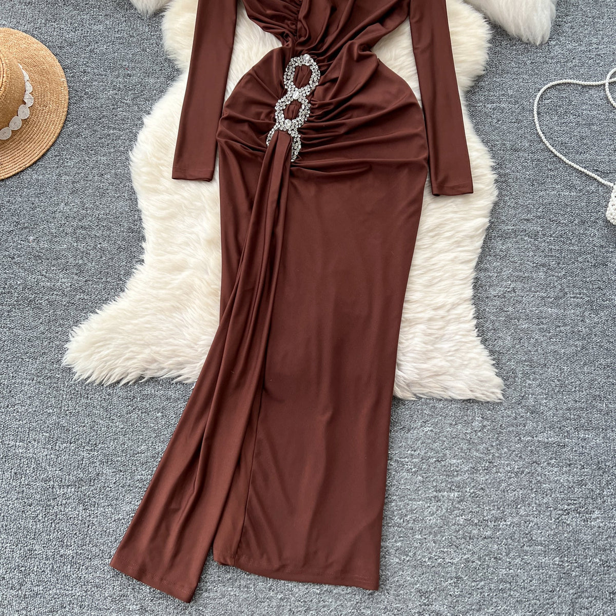 Premium V-yaka Rhinestone Taşlı Elbise