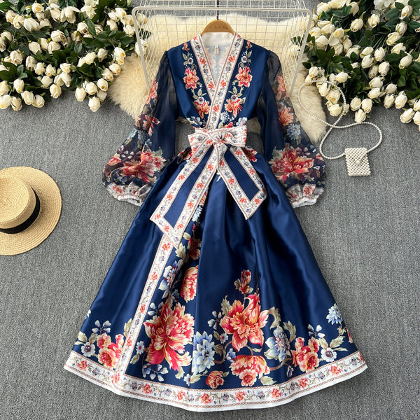 Vintage Bow-tie Floral Printed Dress