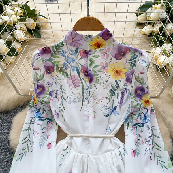Stand Collar Floral Printed Shirt Dress