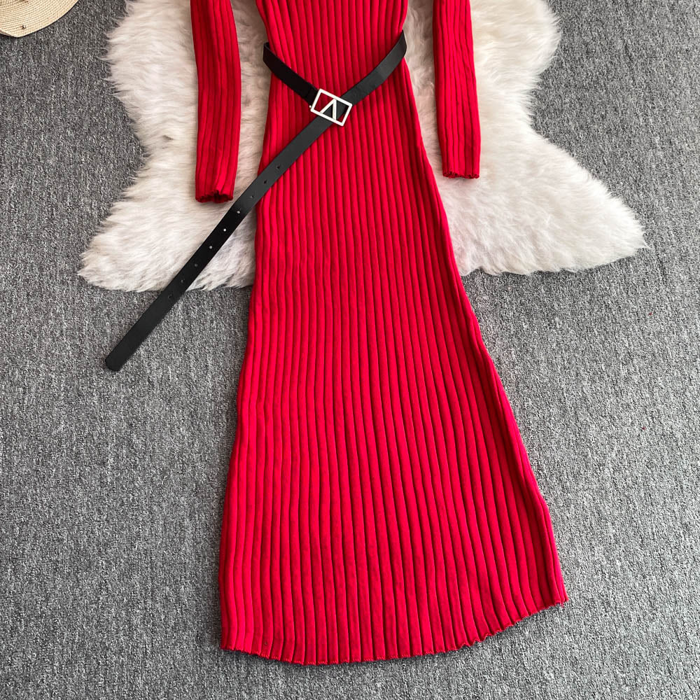 V-neck Elastic Knitted Dress with Belt