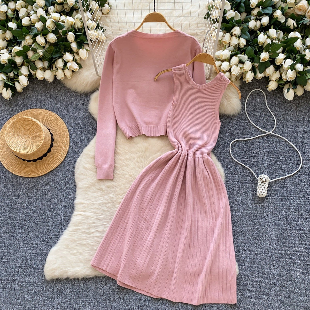 Bow Cardigan & Vest Dress Knit 2Pcs
