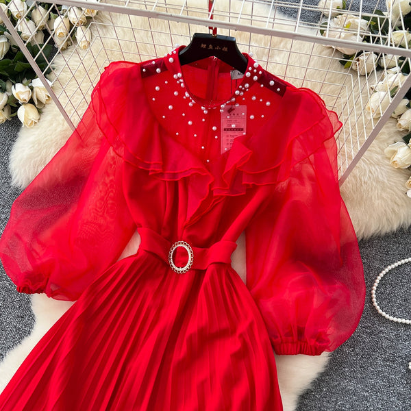 Rhinestone Studded Ruffled Mesh Dress