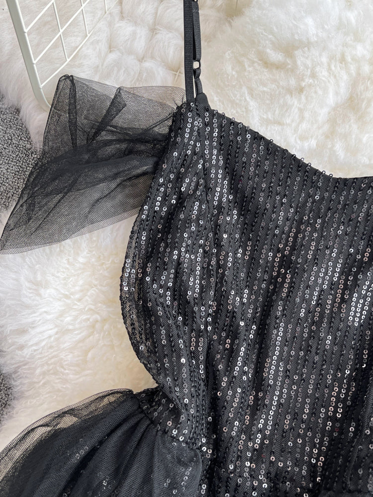 Ruffled Neckline Black Sequined Party Dress