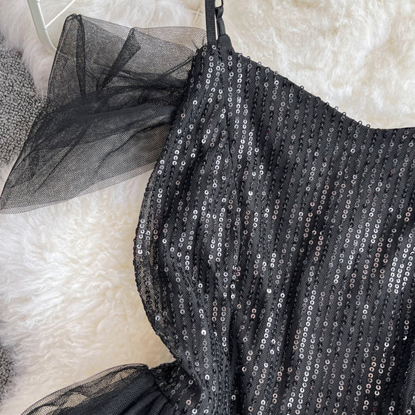 Ruffled Neckline Black Sequined Party Dress