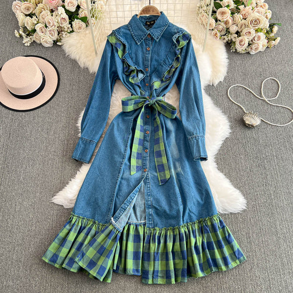 Niche Plaid Patchwork Denim Dress