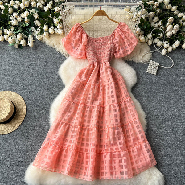 Solid Color Plaid Puffy Dress