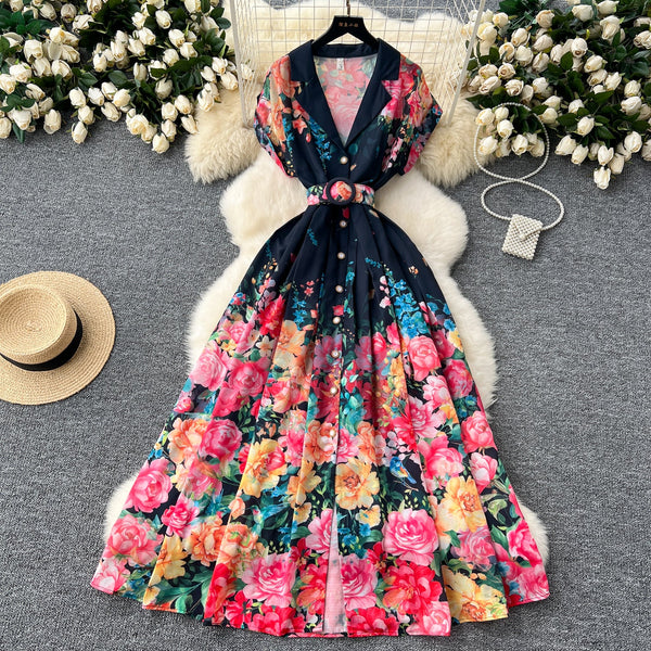 Vintage Colorful Floral Lapel Dress