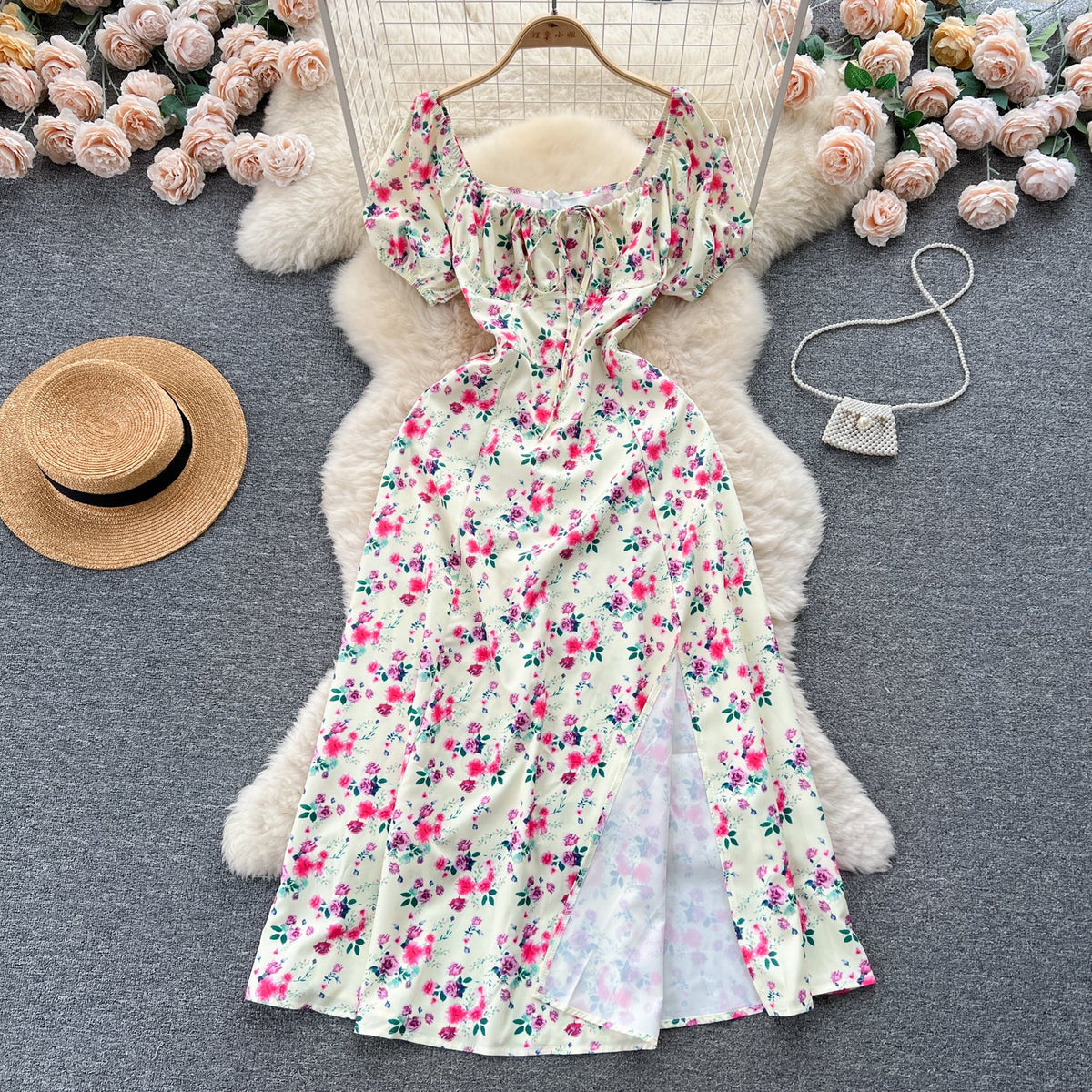 Ruffled Neckline Floral Split Dress