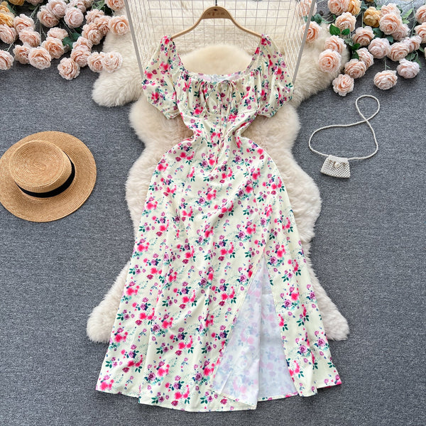 Ruffled Neckline Floral Split Dress