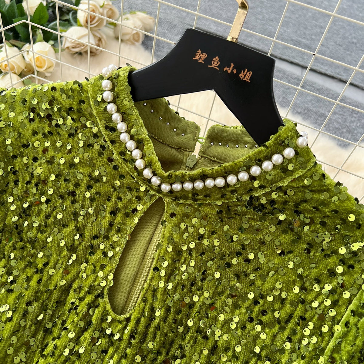 Beaded Collar Sequined Velvet Dress
