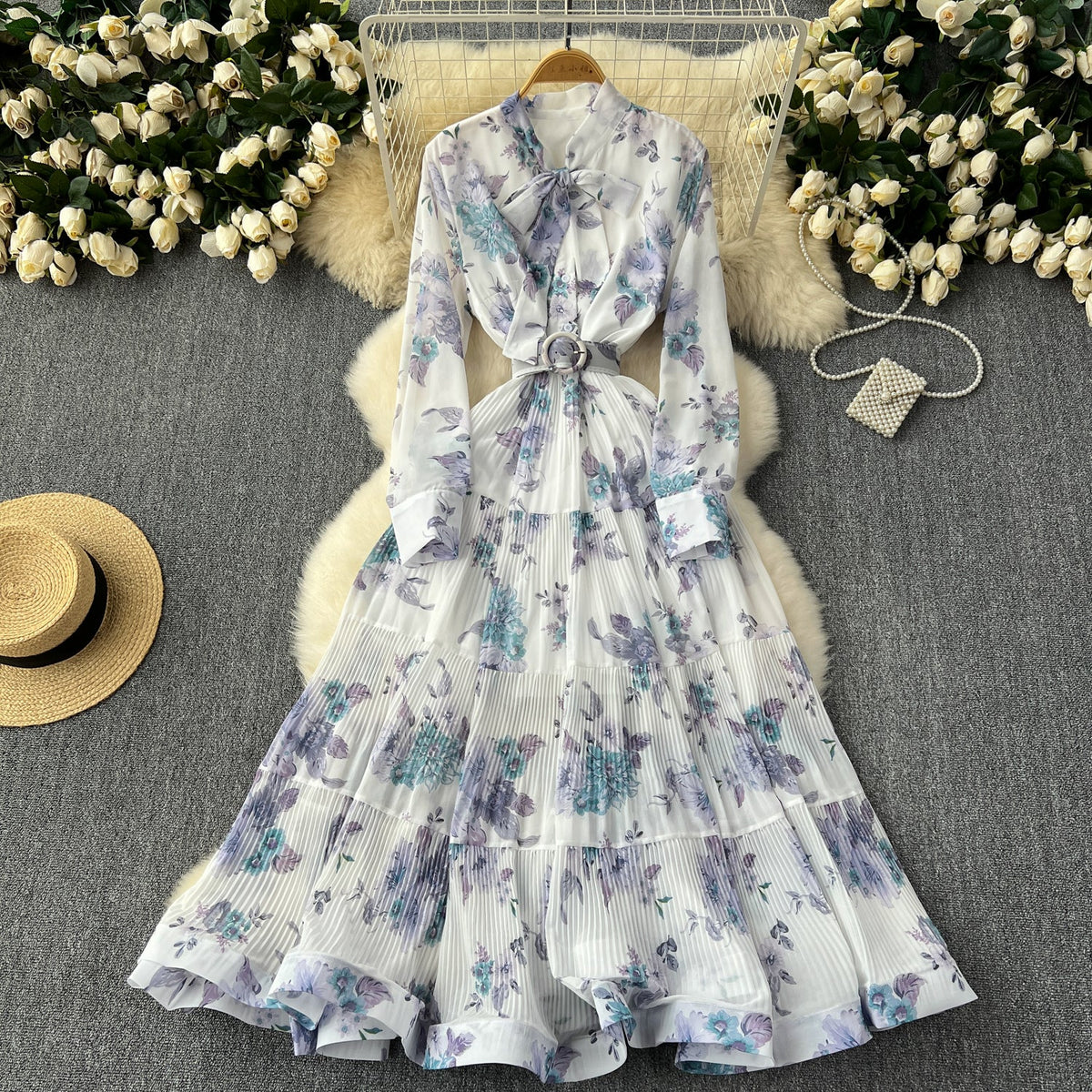 Elegant Pleated Floral Shirt Dress
