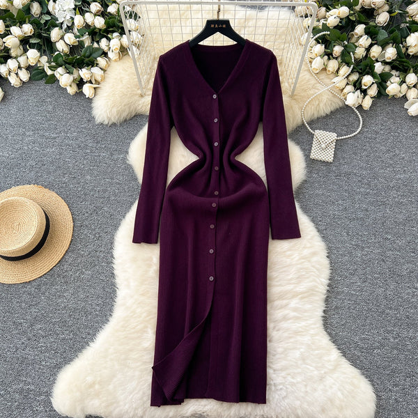 V-neck Single-breasted Cardigan Dress