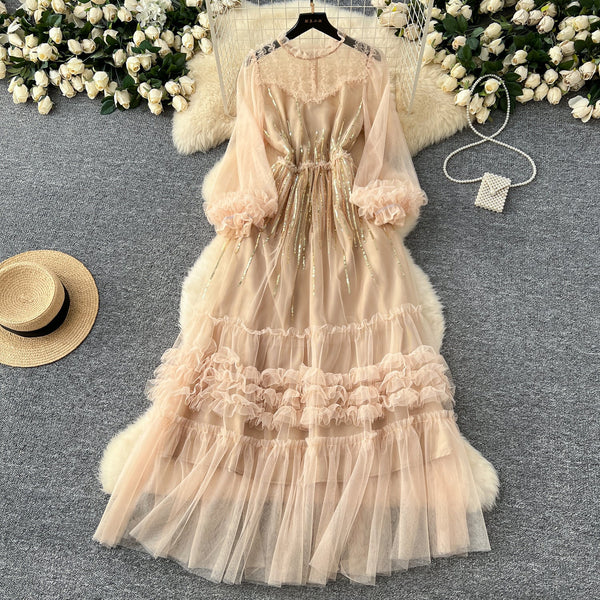 Embroidered 3D Ruffled Mesh Dress