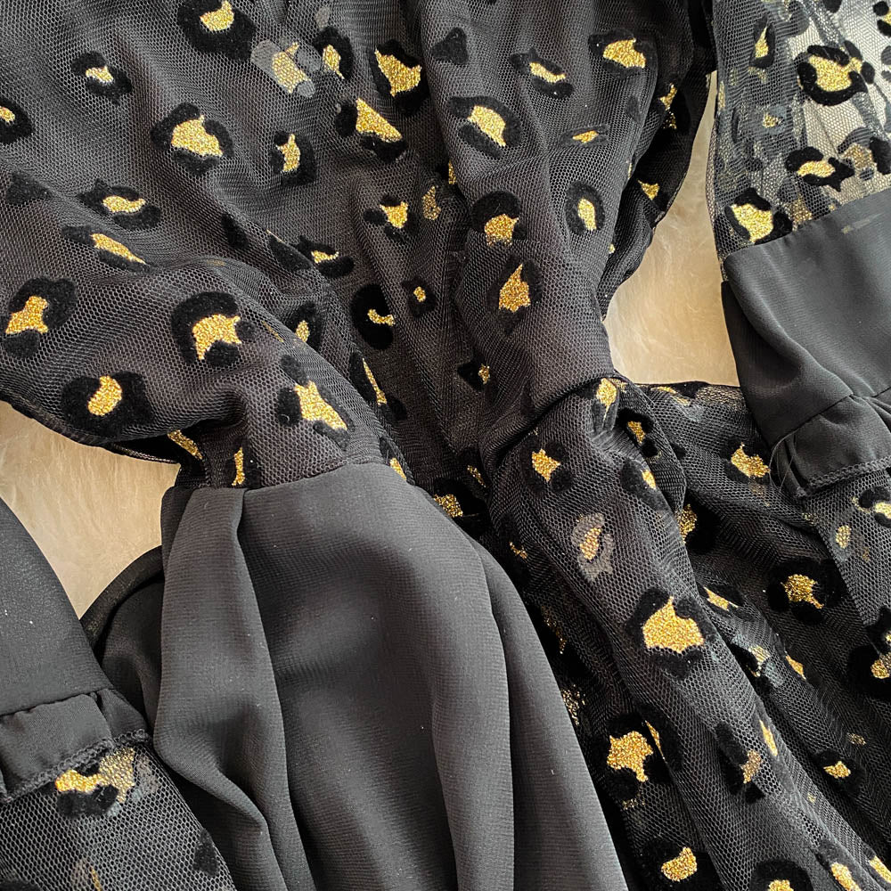 Leopard Printed Mesh Patchwork Black Dress
