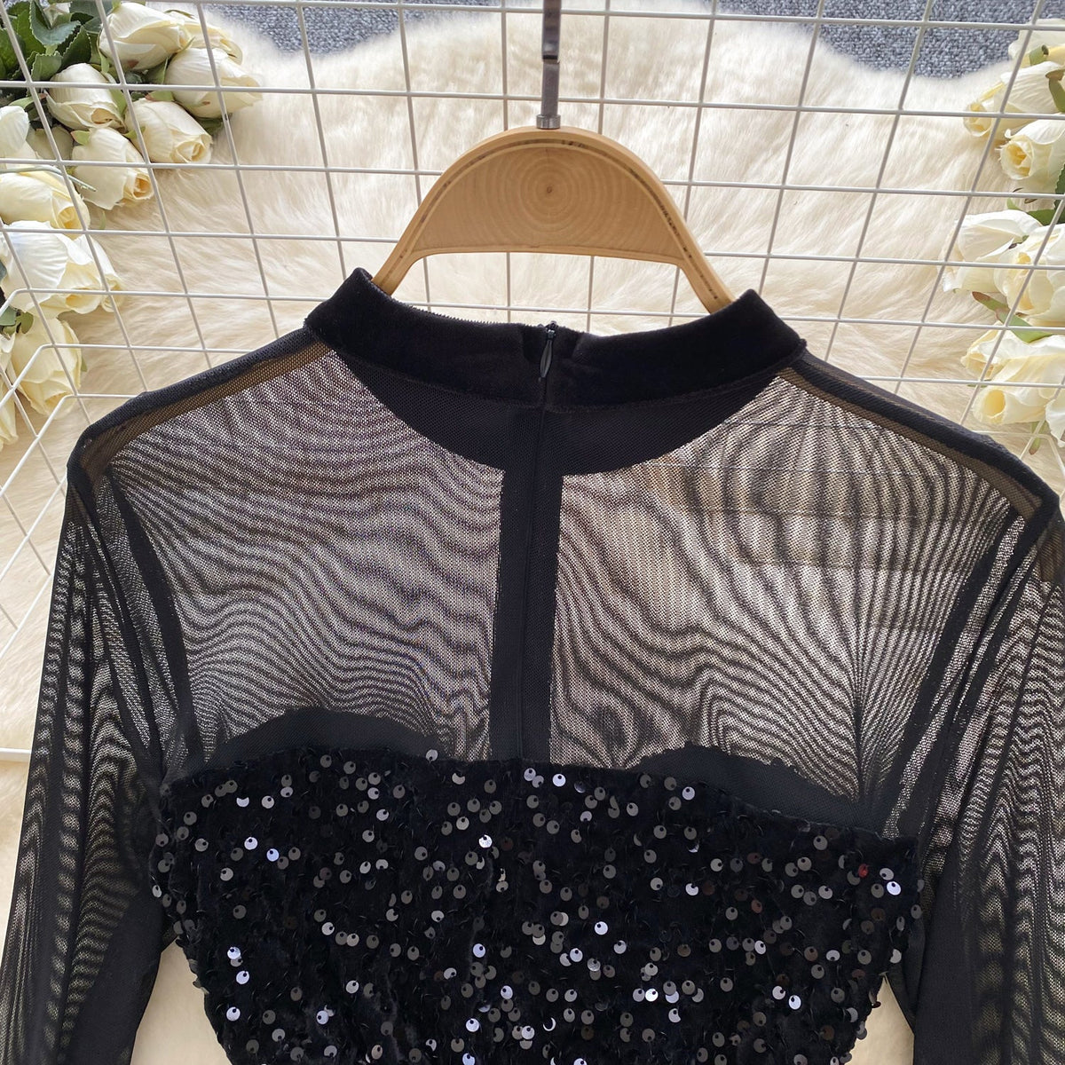 Mesh Patchwork Black Sequined Dress