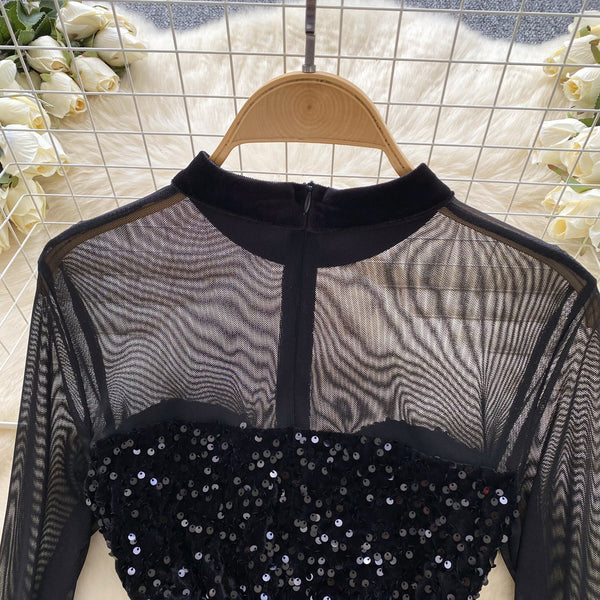 Mesh Patchwork Black Sequined Dress