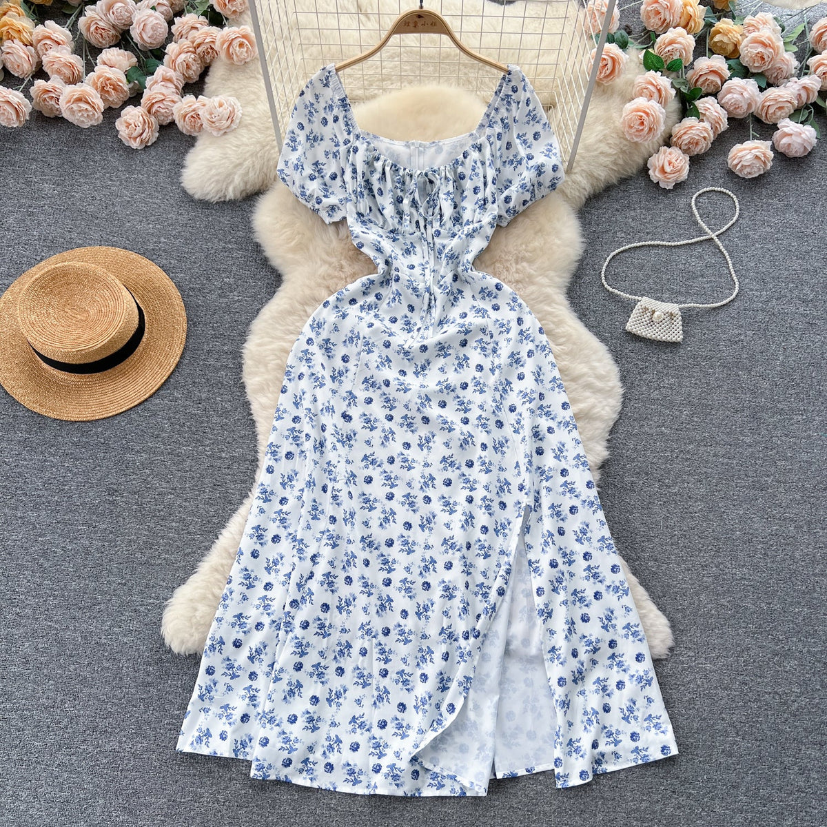 Ruffled Neckline Floral Split Dress