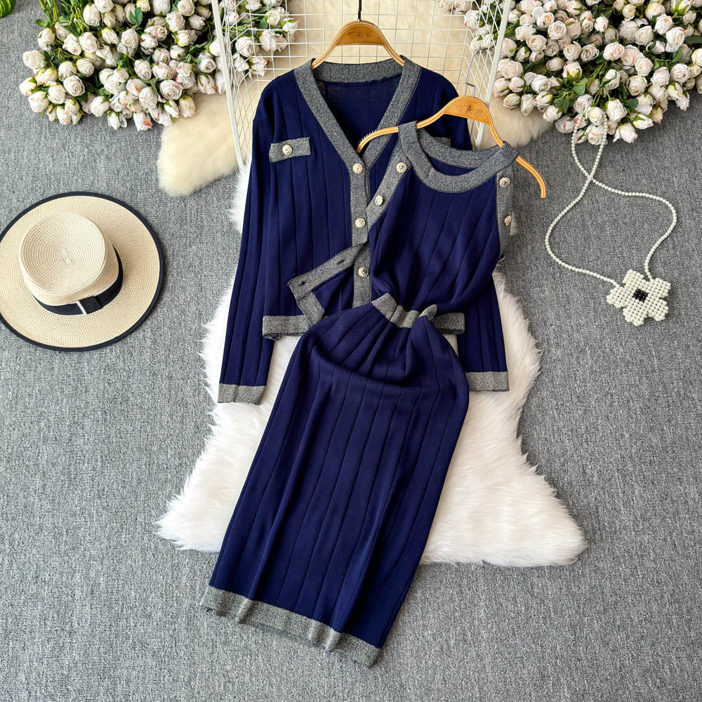 Cardigan&Vest Dress Color Blocking 2Pcs