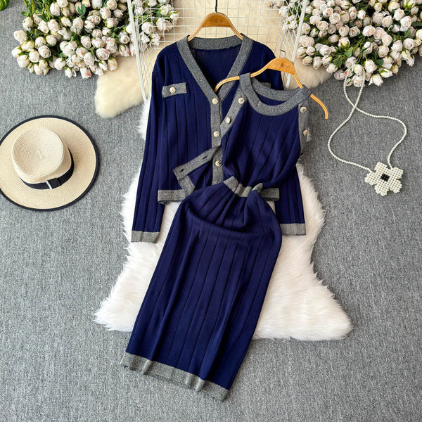Cardigan&Vest Dress Color Blocking 2Pcs