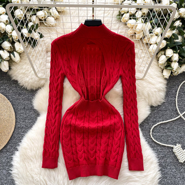 Niche Twisted Knit Backless Sweater Dress