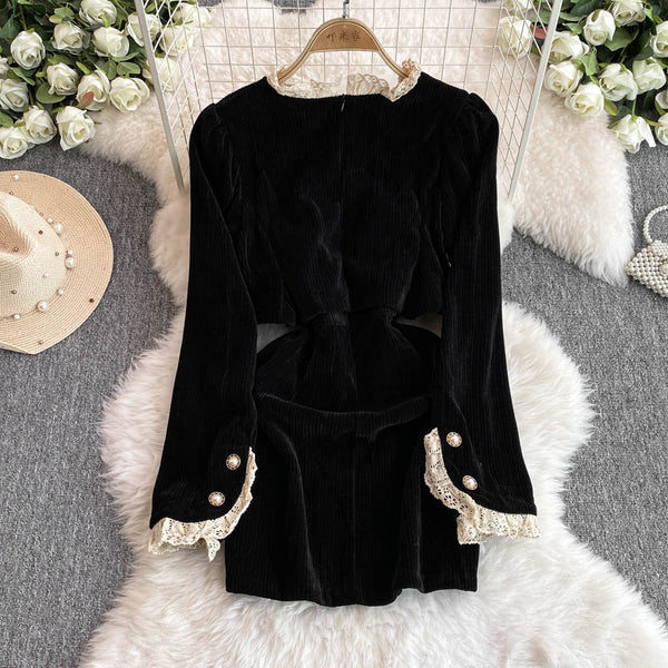 V-neck Lace Trim Black Curduroy Dress