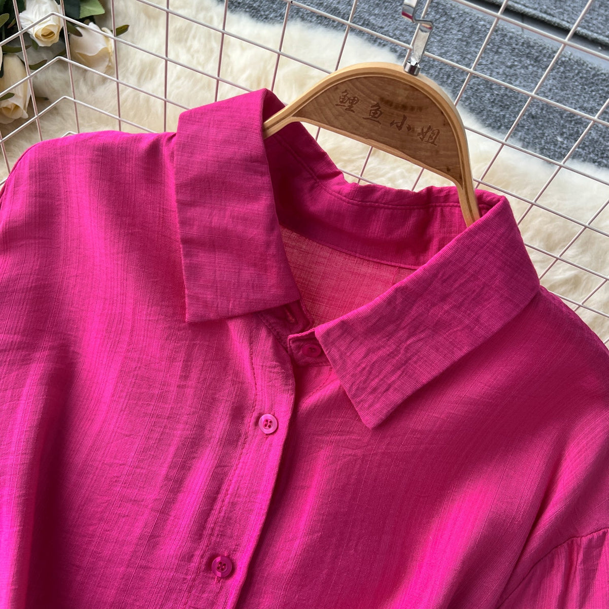 Vintage Solid Color Ruffled Shirt Dress