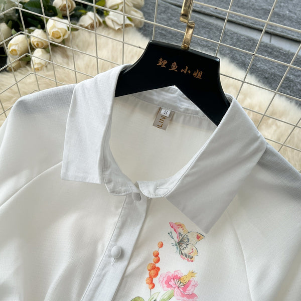 Polo Collar Floral White Shirt Dress
