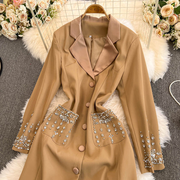 Rhinestone Studded Suit Collar Dress