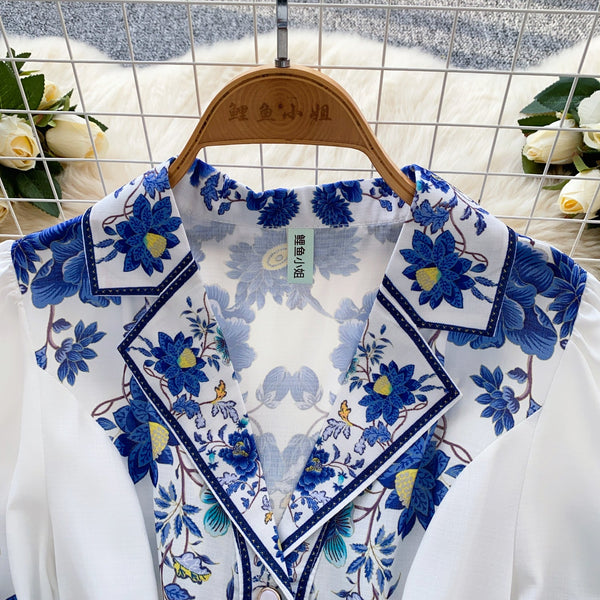 Suit Collar Printed V-neck Shirt Dress