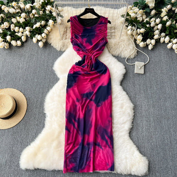 Elegant Tie-dye Pleated Vest Dress