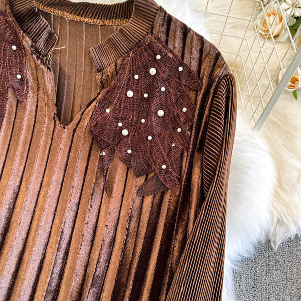 Beaded Shoulder Pleated Coffee Dress