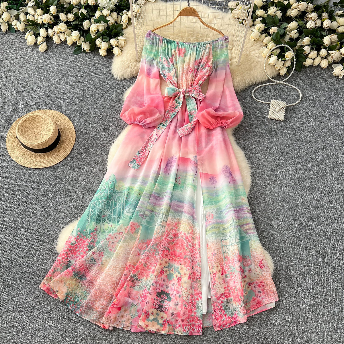 Off-shoulder Lace-up Floral Chiffon Dress