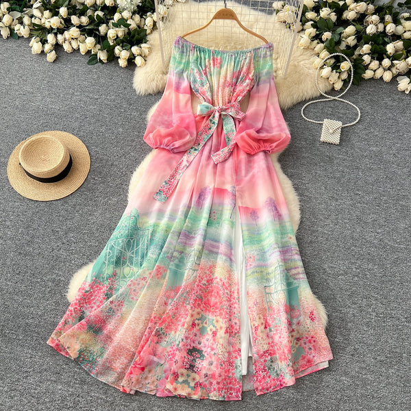 Off-shoulder Lace-up Floral Chiffon Dress