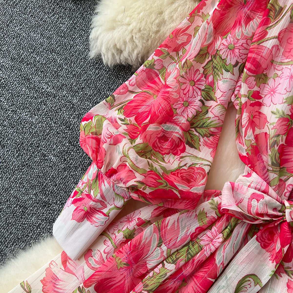 French Style Floral Chiffon Shirt Dress