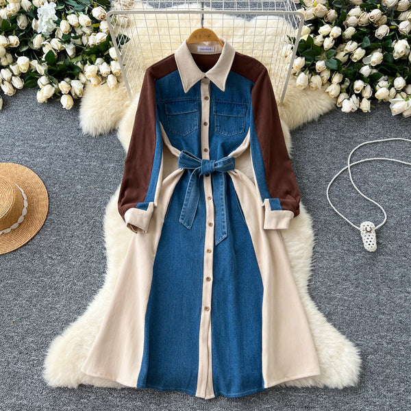Vintage Lace-up Denim Patchwork Shirt Dress
