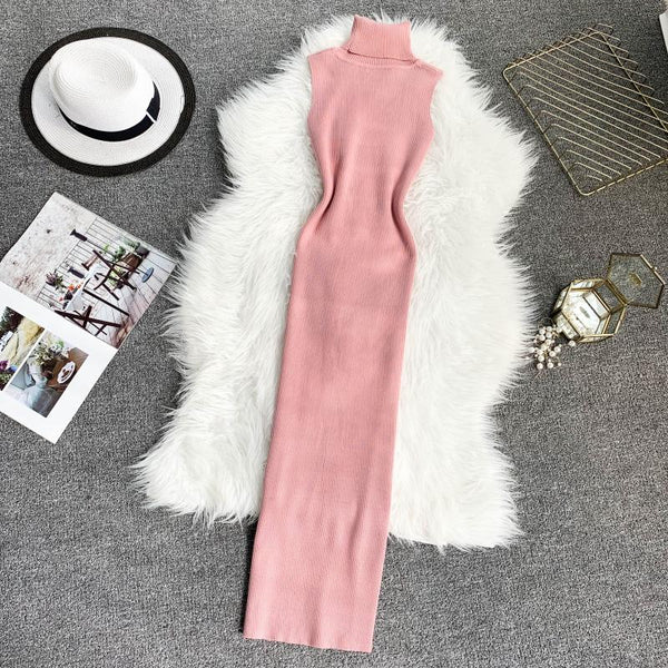 Elegant Solid Color Bodycon Knitted Dress