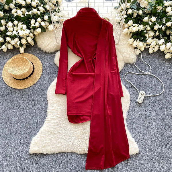 Irregular Design Turtleneck Dress with Ribbon