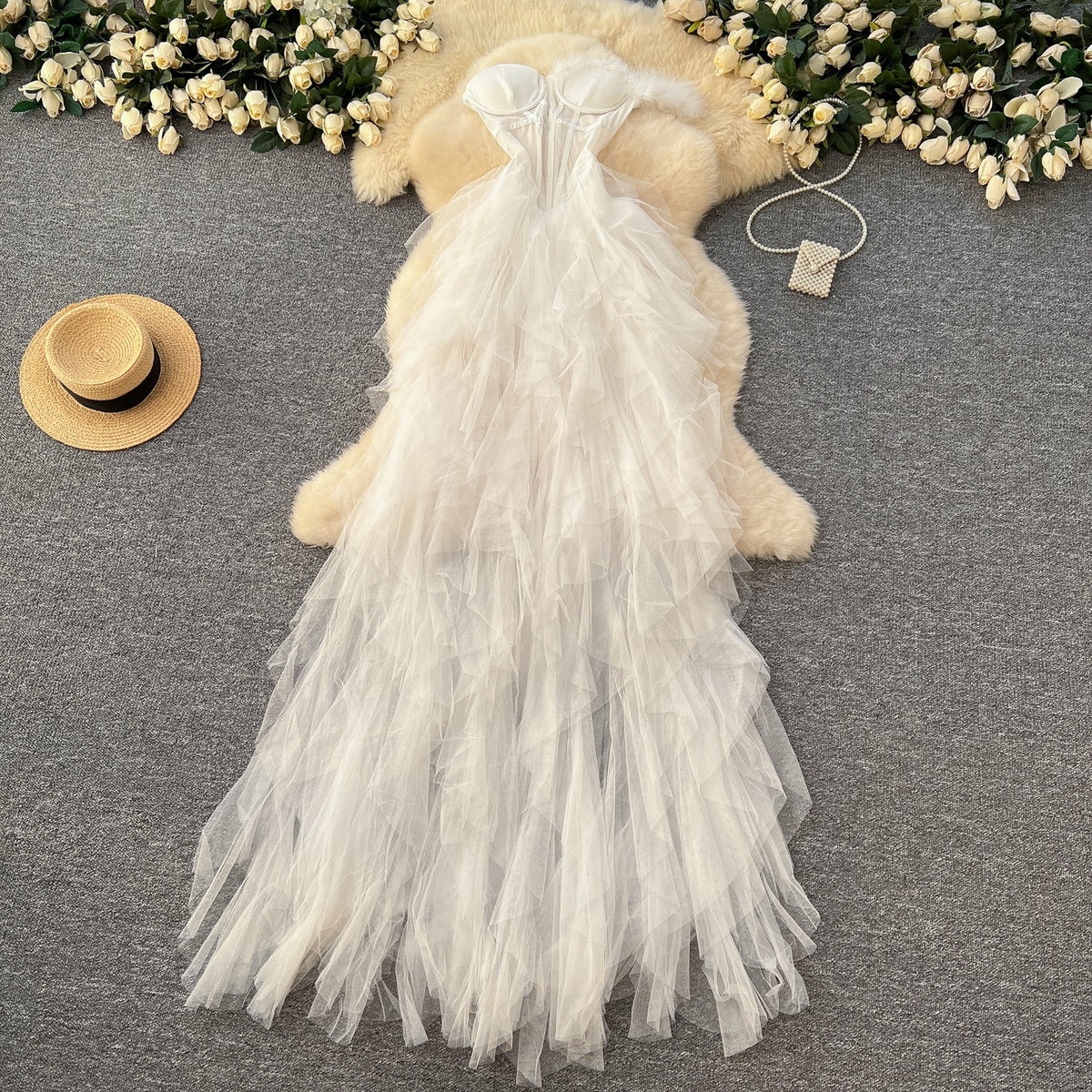 Strapless See-through Mesh Puffy Dress