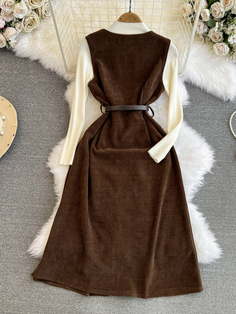 Corduroy Vest Dress&Knitwear 2Pcs