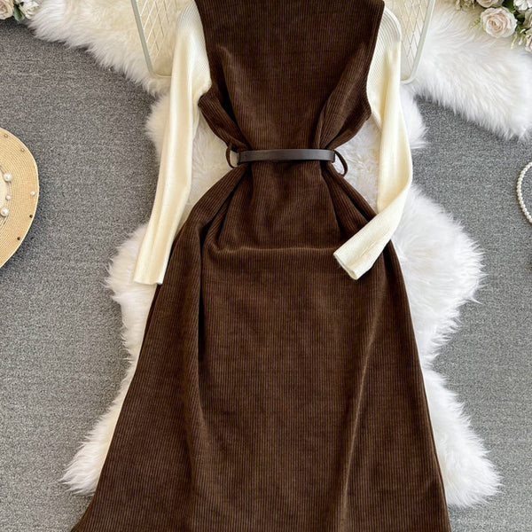 Corduroy Vest Dress&Knitwear 2Pcs