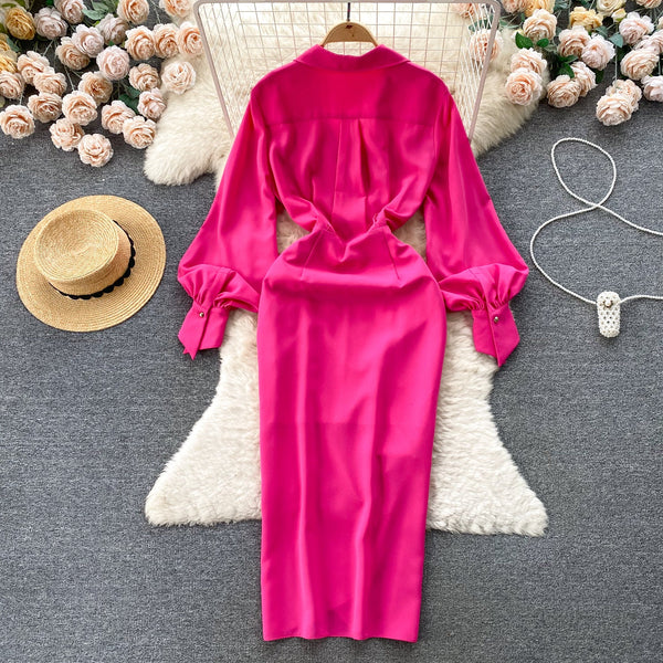 Solid Color Lapeled Satin Dress