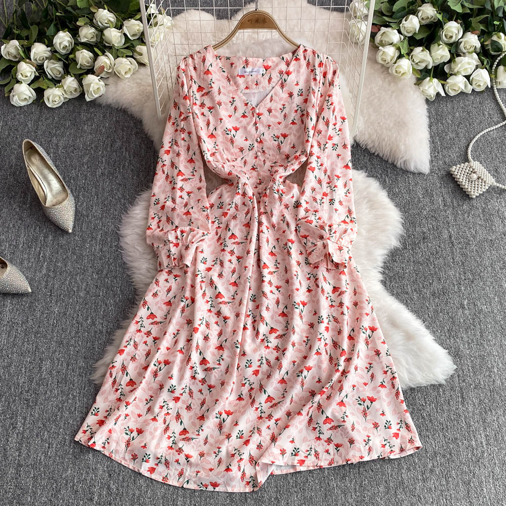 French Style Pink Floral Printed Dress